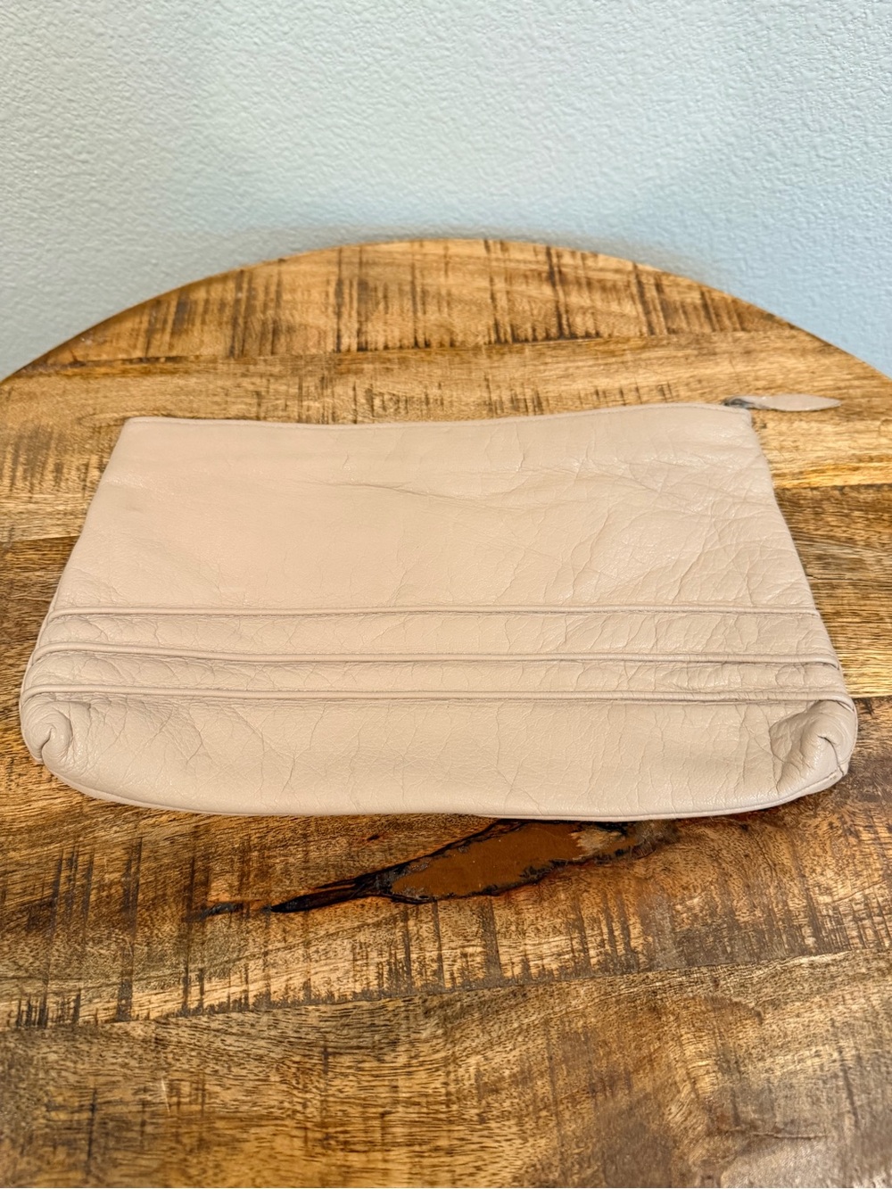 Vintage Contessa Beige Leather Zip Pouch Clutch Trapunto 80s 90s